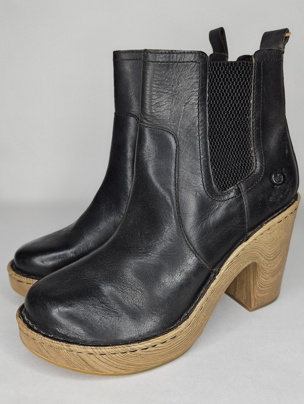 Born Black Leather Platform Chelsea Boot with Wood-Effect Heel